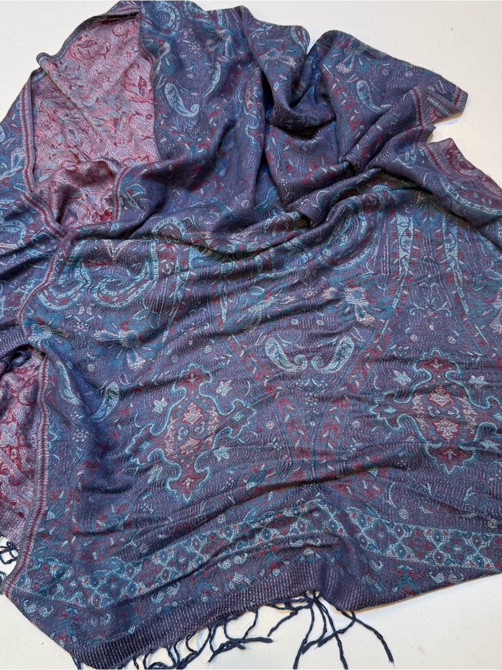 pashmina Paisley Fringe Wrap in Navy, Purple & Teal